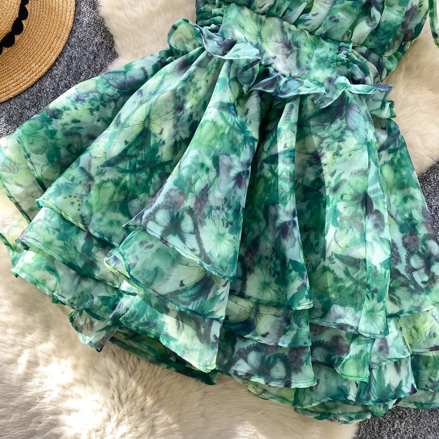 SINGREINY Holiday Print Flowy Birthday Dress Women Strap Butterfly Vacation Cake Sundress Organza Luxury Party Short Dress