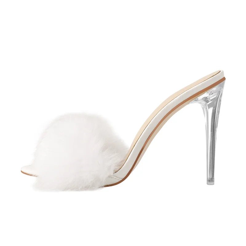 Onlymaker Women Peep Toe Mules Artificial Fur Slip On Gold White Thin High Sandals Big Size High Quality Summer Brand Heels