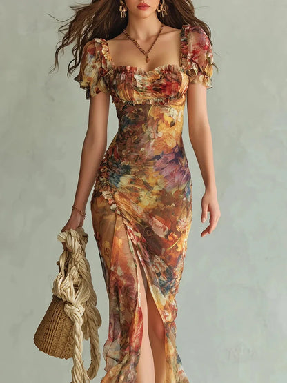 2026 Spring New Women V Neck Print Waist Cinched Ruffle Trim Loose Temperament Versatile Long Dress Fashion Vacation Style Dress