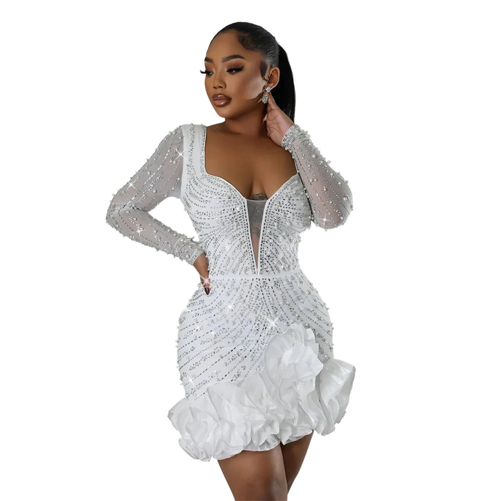 CM.YAYA Spring Women Long Sleeve Ruffles Hot Drilling Bead Short Dress Sexy Night Club Evening Birthday Mini Dresses Vestidos