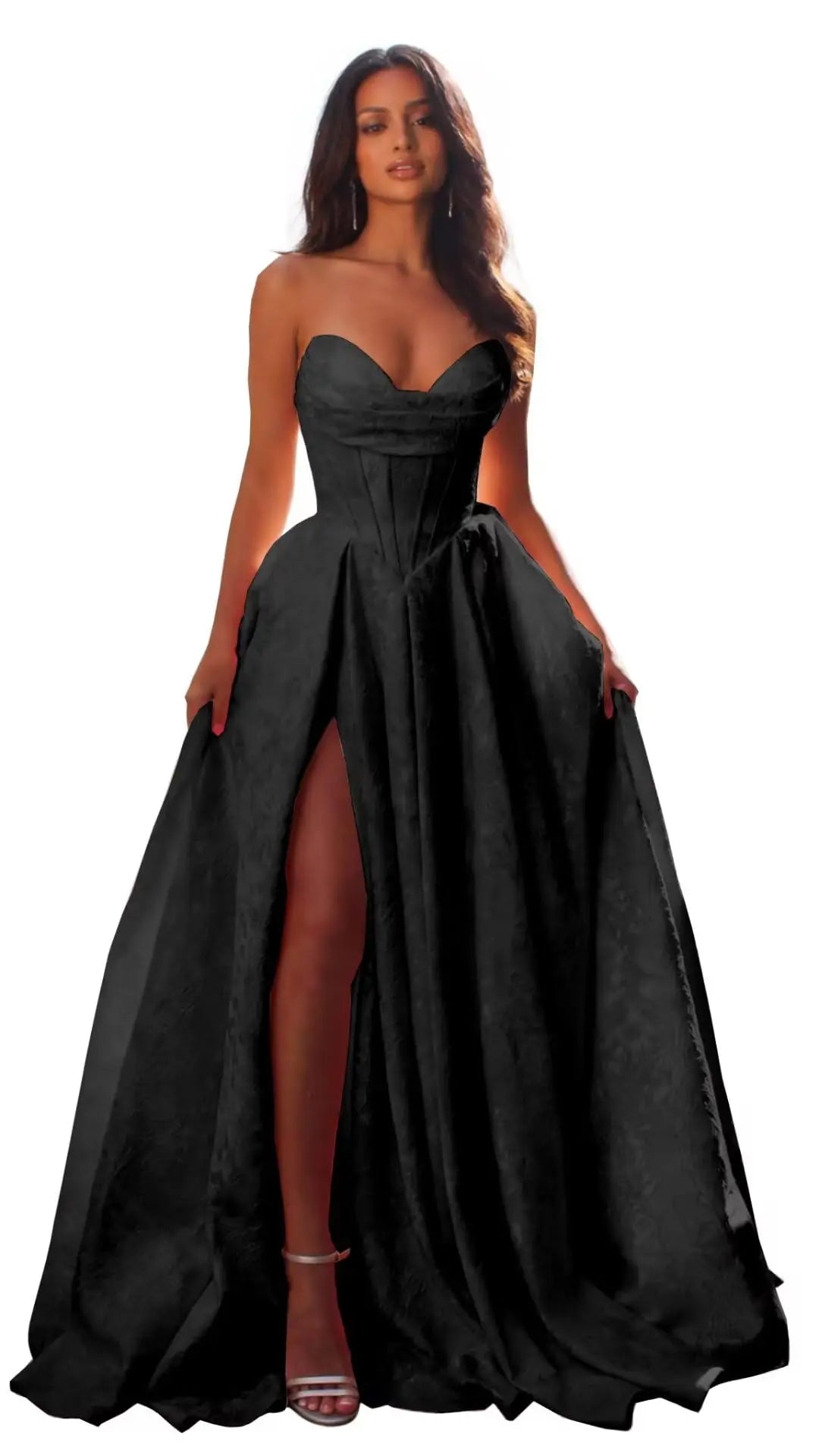 Women Elegant Jacquard Satin Prom Dresses with Slit Strapless Corset A Line Long Formal Gowns Evening Gowns Party Dresses