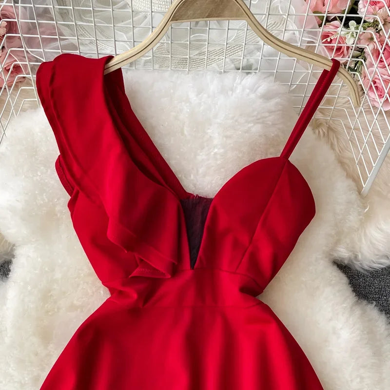 Ins Fashion Sexy Backless One Shoulder Strap Club Dress Chic High Waist A-line Mini Dress Women Red Party Dress