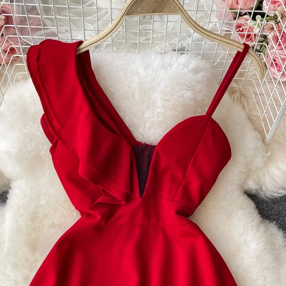 Ins Fashion Sexy Backless One Shoulder Strap Club Dress Chic High Waist A-line Mini Dress Women Red Party Dress