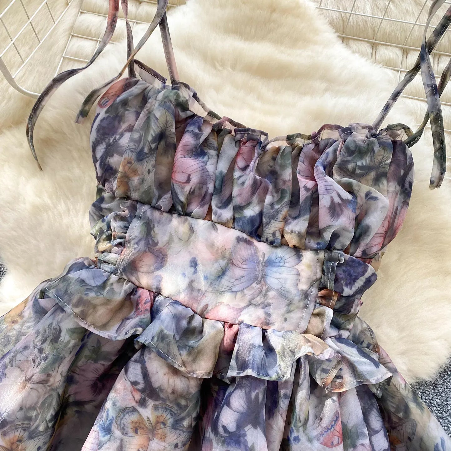SINGREINY Holiday Print Flowy Birthday Dress Women Strap Butterfly Vacation Cake Sundress Organza Luxury Party Short Dress