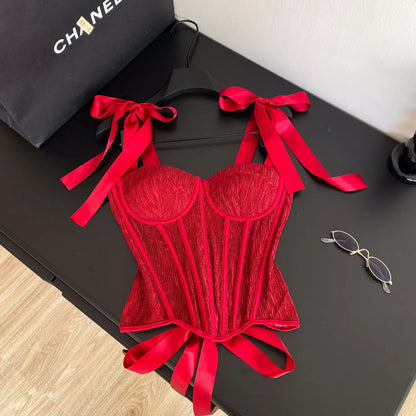 SINGREINY Luxury Party Corset Top Ladies French Style Lace Up Texture Senior Sexy Camisole Summer Retro Sensual Bodycon Tank Top