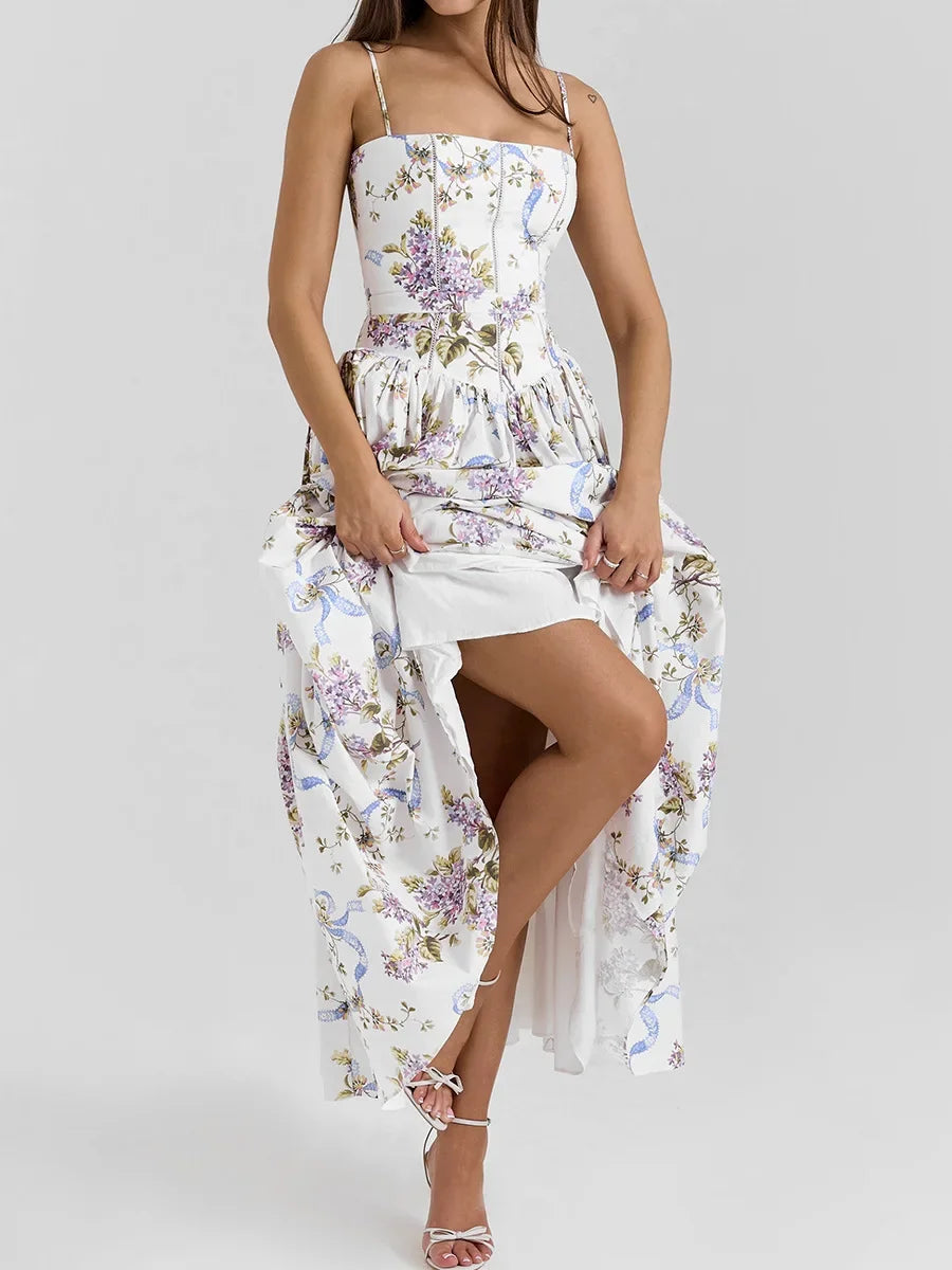 Oligai Floral Print Midi Sundress Elegant Spaghetti Strap Flowy Dress Aussie Summer Women Boho Chic Beach Dress