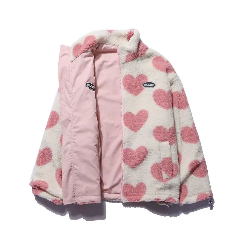 Double-Sided Wear Thickened Lamb Fur Heart Pattern Cotton Jacket Couple's Two-Way Wear Casual Warm Zipper Closure Long Sleeve...