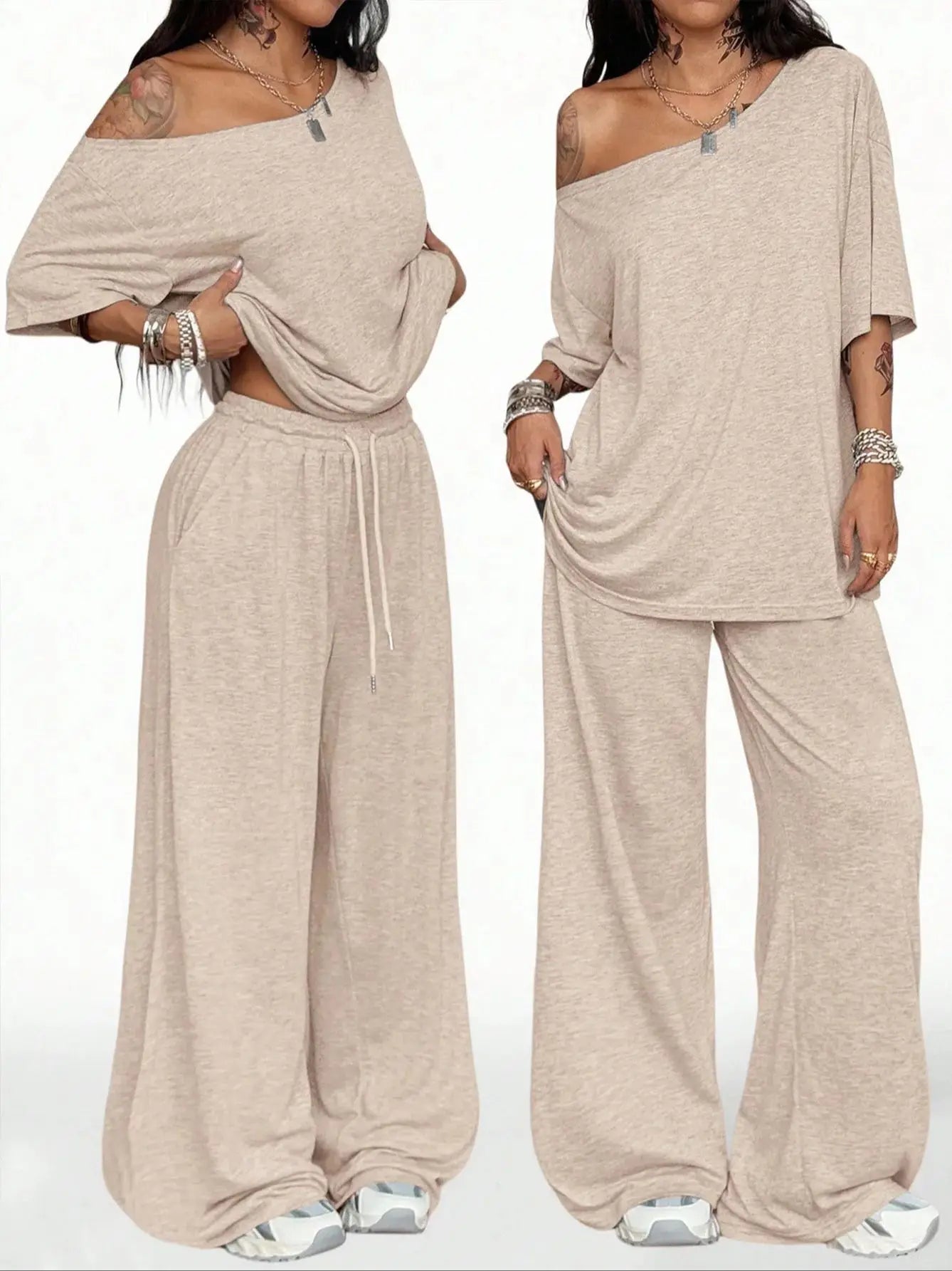 Women's Casual Solid Color Sports Two-Piece Loose Fit Pants Set with Slanted Hem and Wide Leg Design for Spring and Autumn