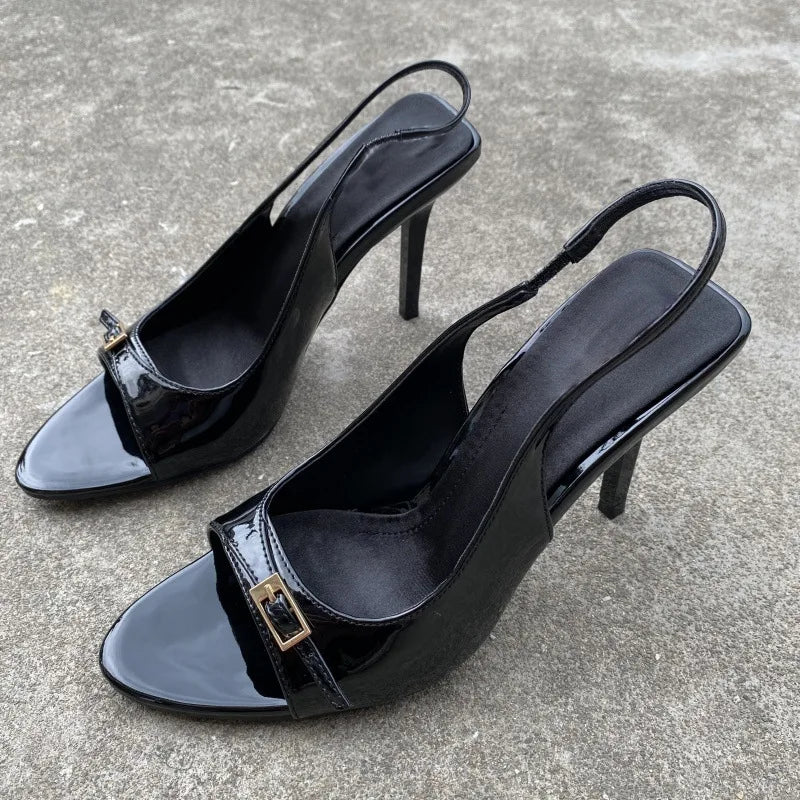 Sexy Red Patent Leather High Heels Women Summer Luxury Designer Metal Buckle Belt Back Strap Designer Sandals Sandalias Mujer