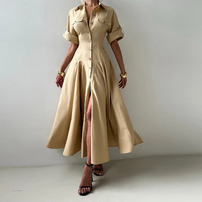 Casual Striped Women Summer Dress Lapel Single Breast Half Sleeve Slim Waist Long Dresses 2026 Autumn Lady Fashion Vacation Robe