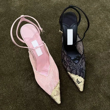 2026 Fashion Lace Sequin Hollow Out Mesh Women Pumps Sexy Pointed Toe Designer Low Heels Slingback Sandals Ladies Shoes