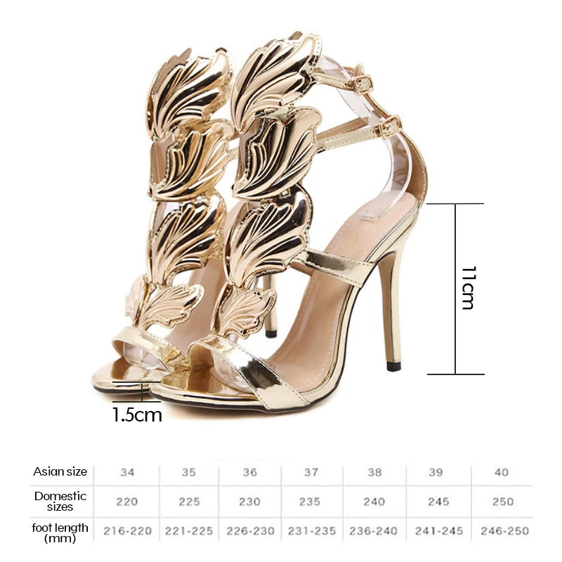 Gold Open Toe High Heel Women Sandals Elegant Leaf Detailing Party Wedding Dress Pumps Women Gladiator Sandals Bowknot Decor