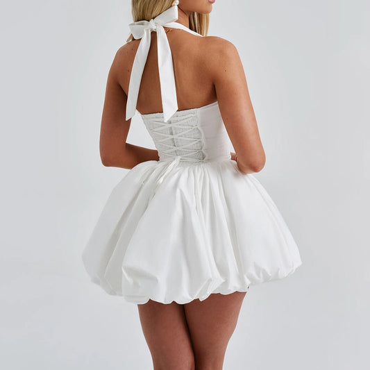 Women Summer Fashion Sexy Mini Tank Dress Sleeveless Halter Neck Solid Tie Up A-line High Waist Party Clubwear Bubble Dress