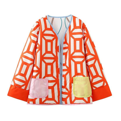 HH Floral Print Jacket For Women Autumn Quilted Reversible Cotton Coat Cardigan Long Sleeve Jackets Elegant Woman Streetwear