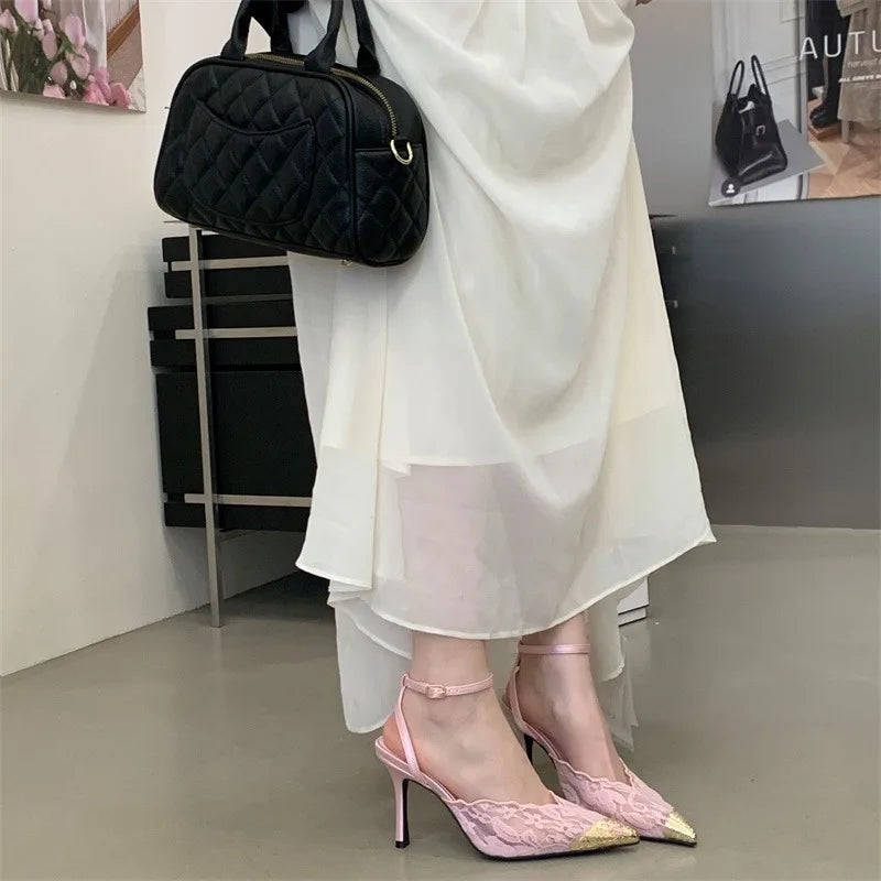 Eilyken New Design Breathable Mesh Thin High Heels Woman Pumps Elegant Pointed Toe Buckle Strap Party Prom Mule Shoes