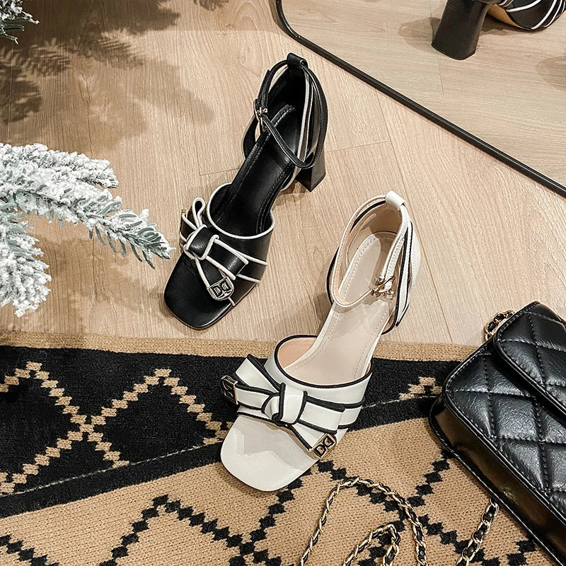 Dilalula 2025 French Style Genuine Leather Sandals Women Covered Toe Butterfly Knot Party Dating Sandals Office Ladies Pumps
