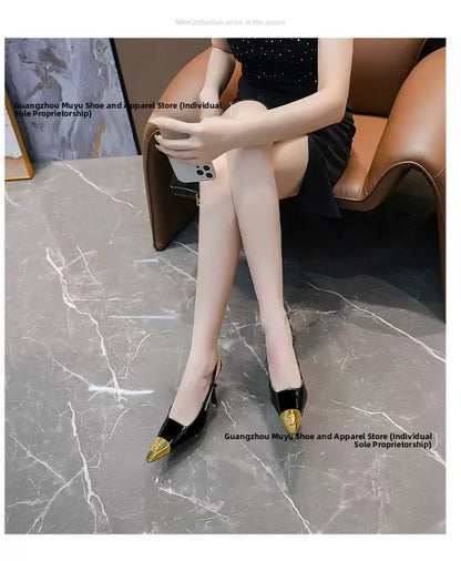High Quality Yangshenglin Metal Head Thin Heel High Heels 2025 Hot Black Patent Leather Covering Square Head Elegant Lady Style