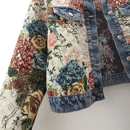Chinese retro jacquard long-sleeved round neck denim jacket women's spring new fashion temperament short Joker little jacket.
