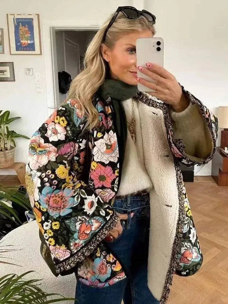 HH Floral Print Jacket For Women Autumn Quilted Reversible Cotton Coat Cardigan Long Sleeve Jackets Elegant Woman Streetwear