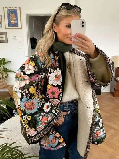 HH Floral Print Jacket For Women Autumn Quilted Reversible Cotton Coat Cardigan Long Sleeve Jackets Elegant Woman Streetwear