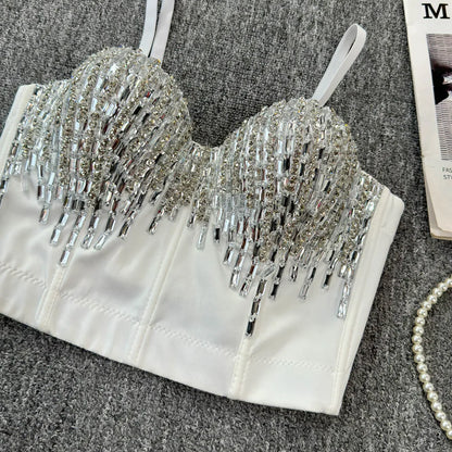 Sexy Club Dancing Csole Diamond Embellied ort Vest Inner Wear Outerwear Trendy Fibone Bra Top Women's Vest