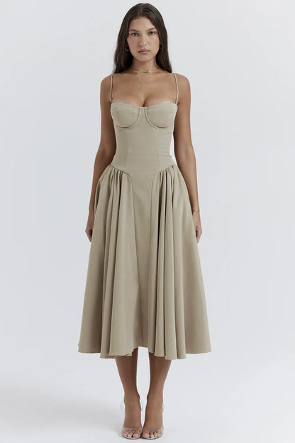 Vintage Floral Midi Dress Women's High Waist A-Line Sundress Green Dresses Summer Female 2025 Wedding Guest New White Evening