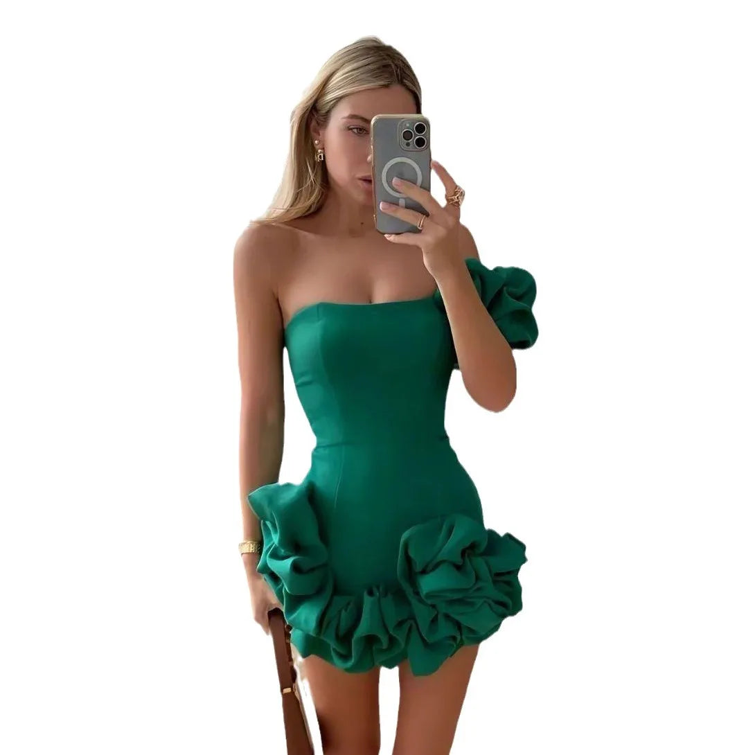 2025 Summer Fashion New Elegant Temperament Party Evening Dress For Women Flower Sleeveless Off-Shoulder Sexy Pleated Rose Dress