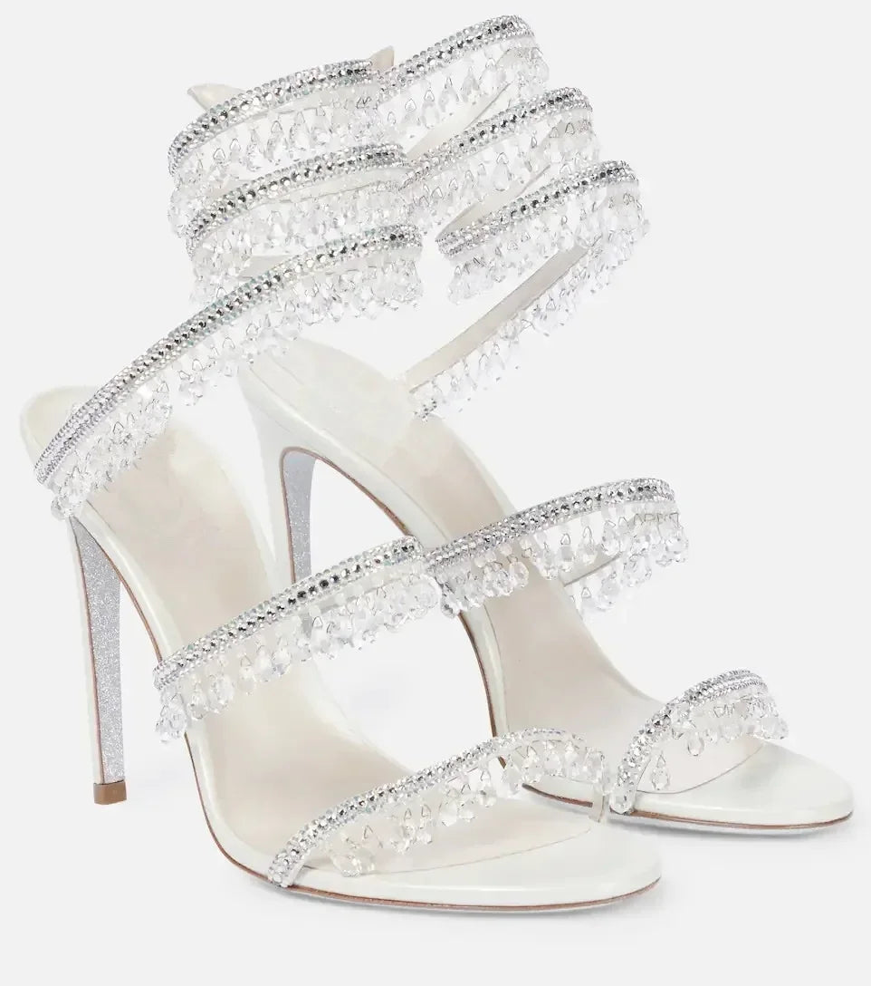 2024Women's New Water Diamond Sandals Fashion Tassel Crystal Shoes Sexy Banquet Party Twin Stiletto Women's Large Sandals