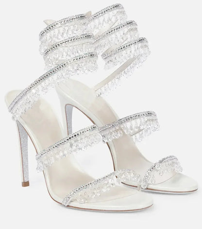 2024Women's New Water Diamond Sandals Fashion Tassel Crystal Shoes Sexy Banquet Party Twin Stiletto Women's Large Sandals