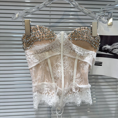 Summer 2026 Sexy Spicy Girl Heavy Work Rhinestone Nail Fishbone Waist Cinch Strapless Tube Top Tank Original Design Lace Trim...