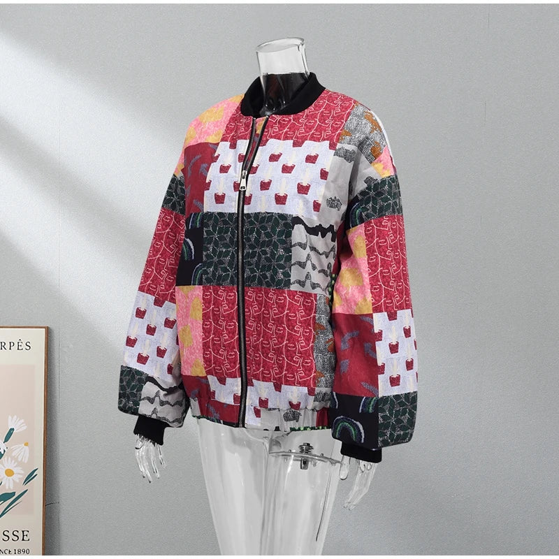 HH Floral Print Jacket For Women Autumn Quilted Reversible Cotton Coat Cardigan Long Sleeve Jackets Elegant Woman Streetwear
