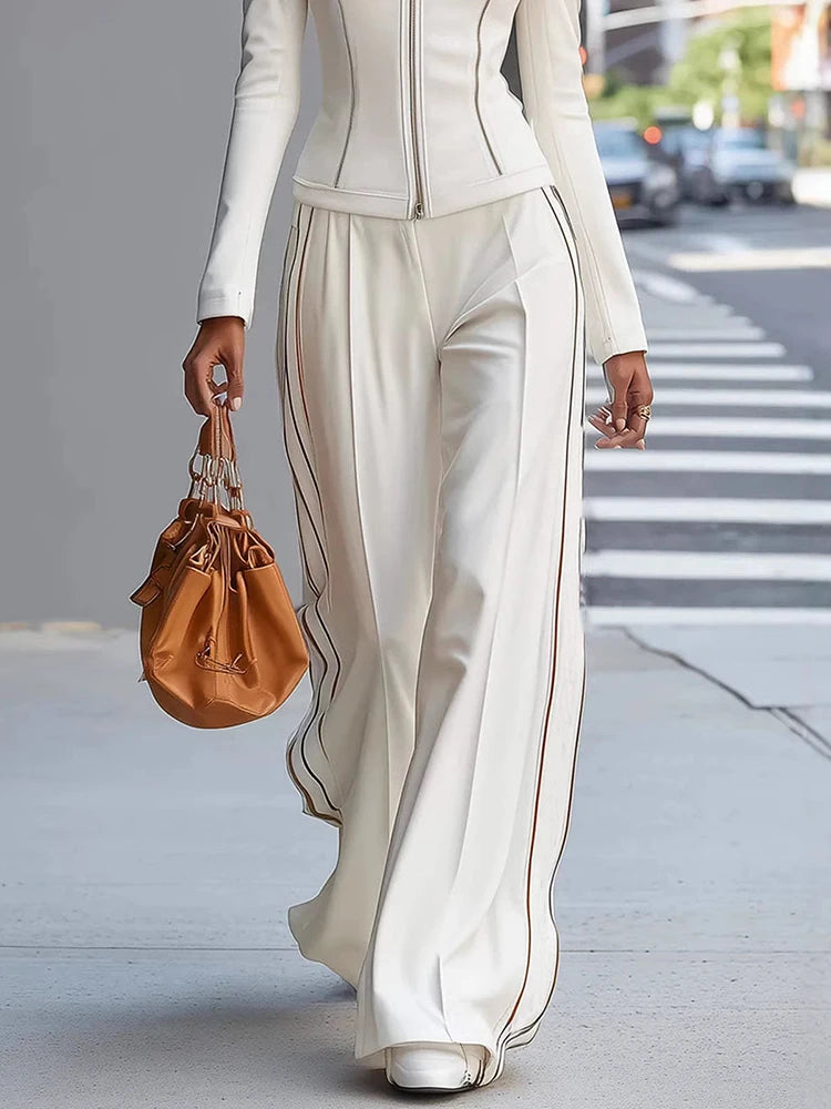 New Women's Half High Collar Long Sleeve Pullover Top And Wide Leg Pants Set Autumn Winter Patchwork Simple Outfit Two-Piece Set
