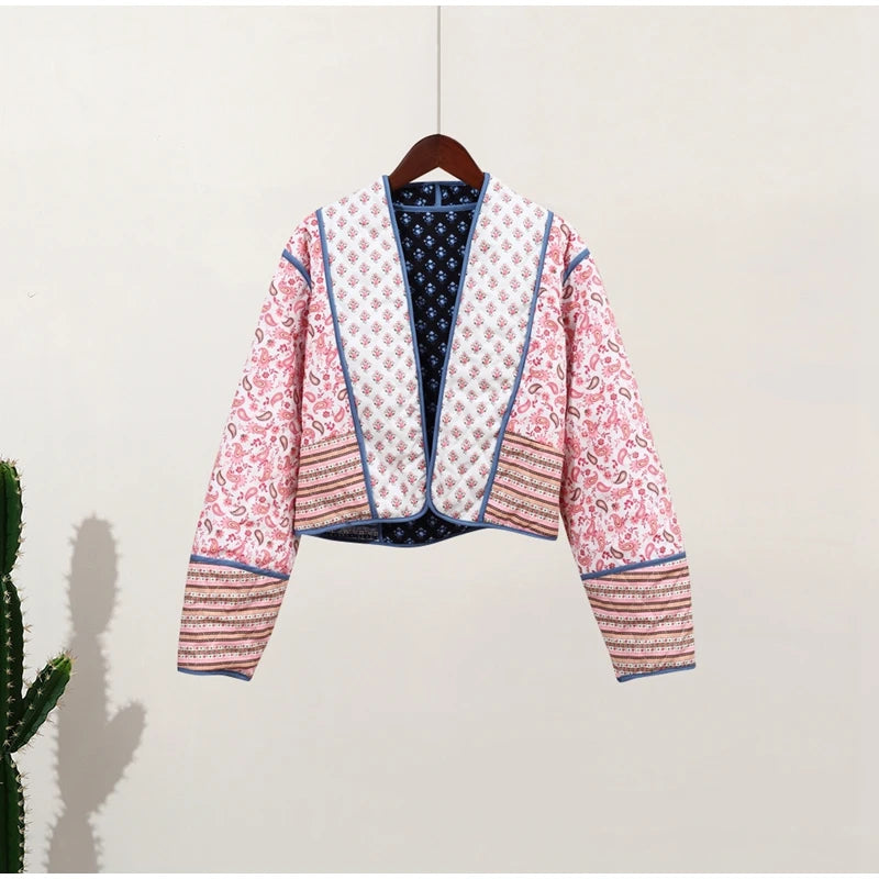 HH Floral Print Jacket For Women Autumn Quilted Reversible Cotton Coat Cardigan Long Sleeve Jackets Elegant Woman Streetwear