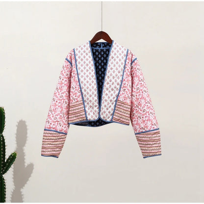 HH Floral Print Jacket For Women Autumn Quilted Reversible Cotton Coat Cardigan Long Sleeve Jackets Elegant Woman Streetwear