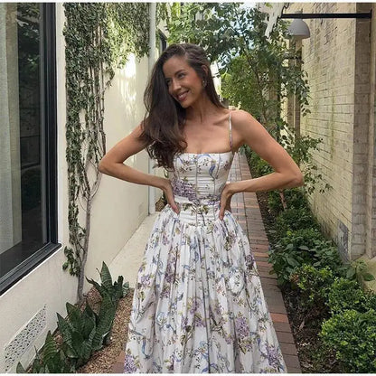 Chic Flower Print A-line Maxi Dress Women Elegant High Waist Strapless Backless Slim Vestidos Lady Summer Vacation Robes LIX8