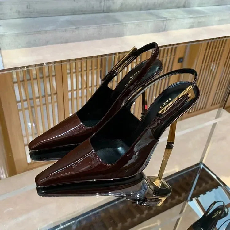 Black Pointed Toe High Heels Thin Heel Metal Cap Sandals Women's Shoes Elegant Painted Leather Sexy Fine Heel New 2025
