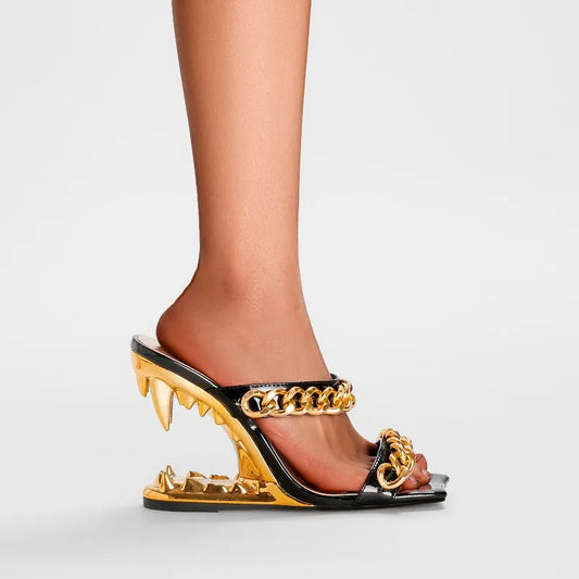 2026 Big Gold Chain Peep Toe Tiger Teeth Heel Sandals 2024 New Fashion Silvery Beach Party Outdoors Women's Slippers Size 35-43