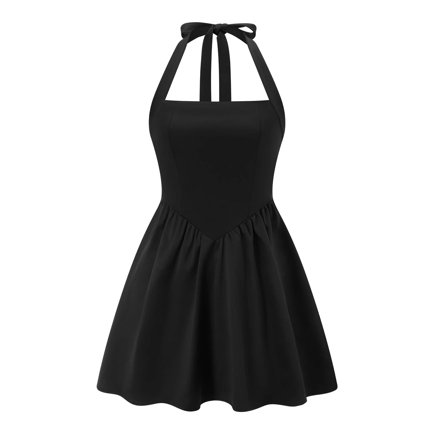 Women Summer Fashion Sexy Mini Tank Dress Sleeveless Halter Neck Solid Tie Up A-line High Waist Party Clubwear Bubble Dress