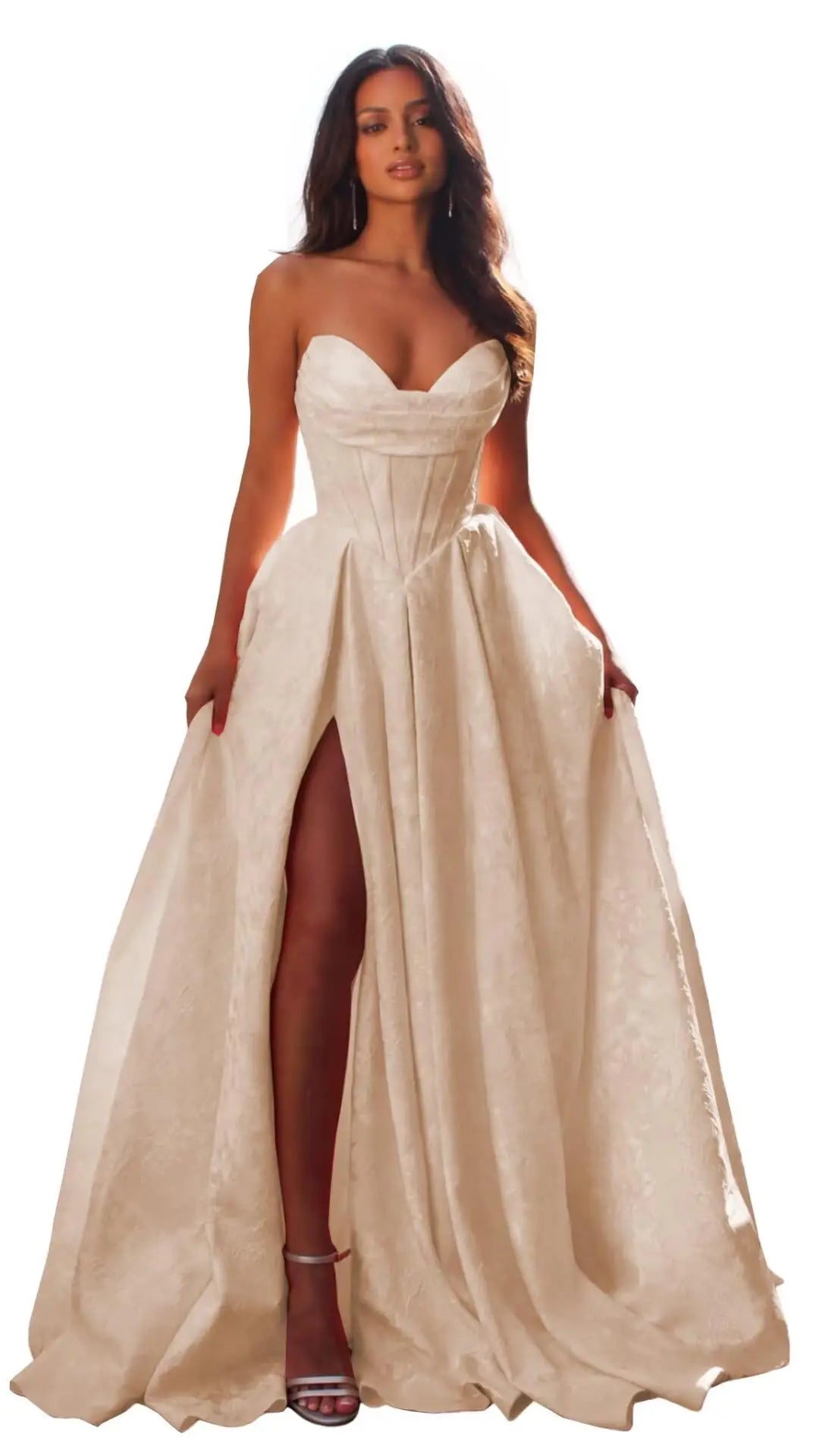Women Elegant Jacquard Satin Prom Dresses with Slit Strapless Corset A Line Long Formal Gowns Evening Gowns Party Dresses