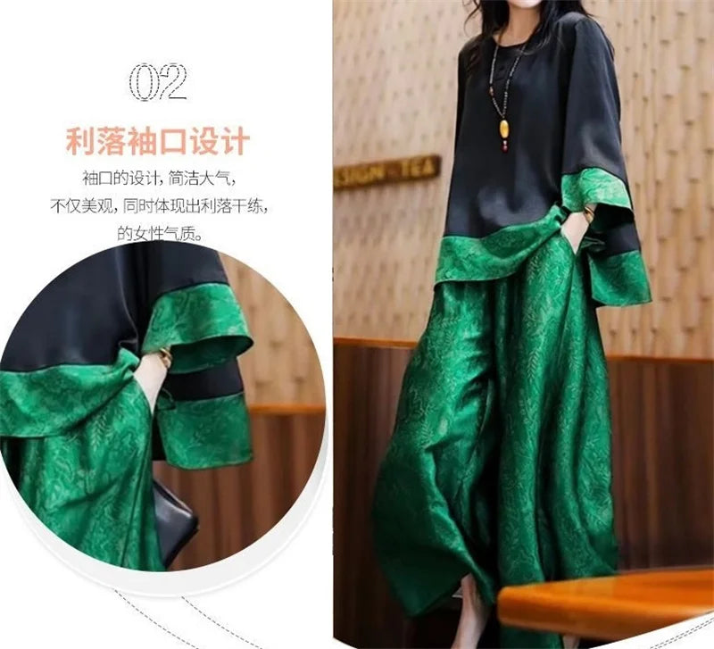 Summer Women Loose Satin Outfit Korean Ladies Leisure Seven Divide Sleeve Pants Two-piece Suit 2025 Female Large Size 4XL 2PCS
