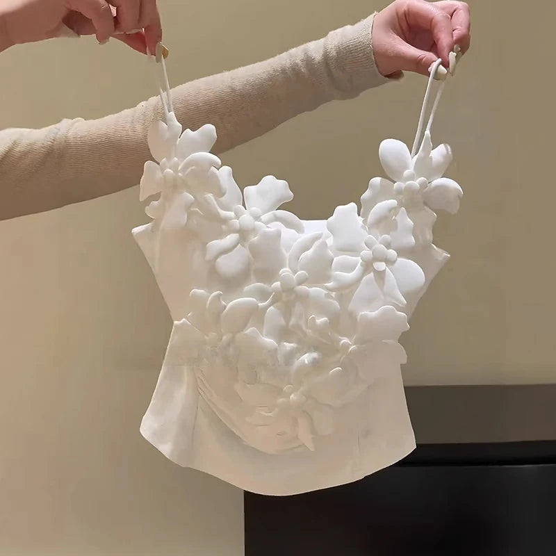Summer New Style Women's White Strap Vest Gentle Wind 3D Flower Decoration Slim Fit Inner Wear Folded Design Outerwear Top
