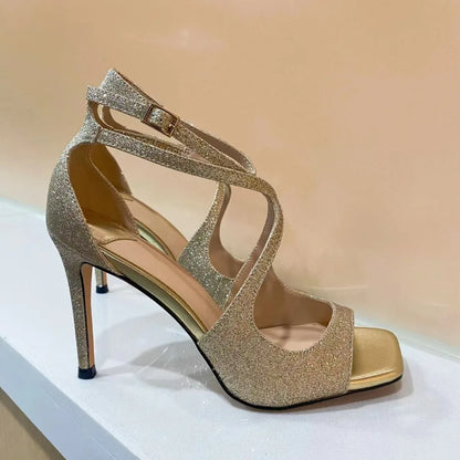 2026Ladies' Summer New Fashionable High-heeled Open Toed Sandals Square Toe Party Sexy 34-43Large Women's Shoes