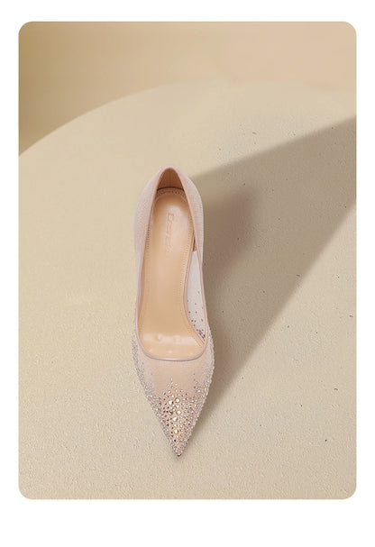 New Baotou sexy sandals with one buckle and summer mesh, rhinestone high heels for women, slim heels, shallow mouth