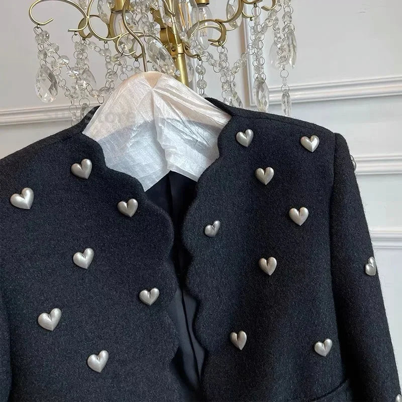 Autumn Winter Fashion Heart Buckle Black Wool Tweed Short Jacket Coat Women Vintage Long Sleeve V Neck Wave Cardigan Outwear Top