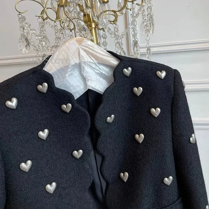 Autumn Winter Fashion Heart Buckle Black Wool Tweed Short Jacket Coat Women Vintage Long Sleeve V Neck Wave Cardigan Outwear Top