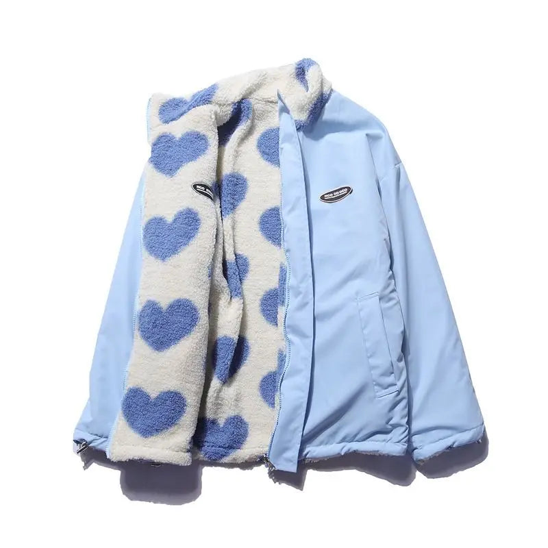 Double-Sided Wear Thickened Lamb Fur Heart Pattern Cotton Jacket Couple's Two-Way Wear Casual Warm Zipper Closure Long Sleeve...