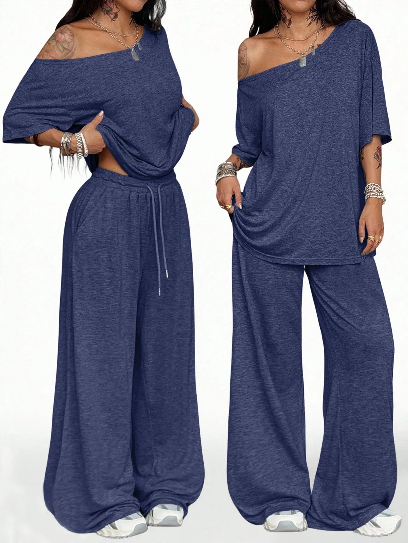 Women's Casual Solid Color Sports Two-Piece Loose Fit Pants Set with Slanted Hem and Wide Leg Design for Spring and Autumn