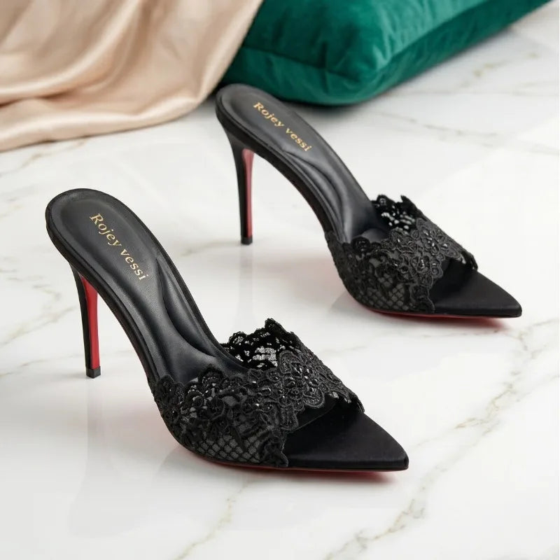High heeled sandals for women to wear outside, summer lace high heels for women, sexy black slim heeled one-piece slippers