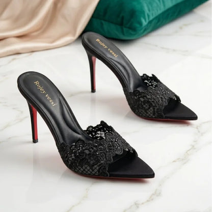 High heeled sandals for women to wear outside, summer lace high heels for women, sexy black slim heeled one-piece slippers