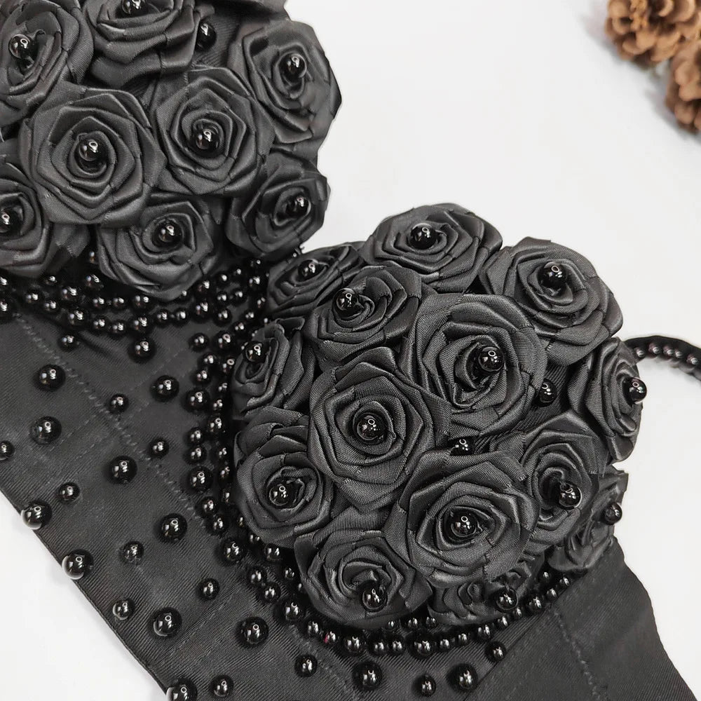 New 2025 Sexy Vest Corset Women Three-dimensional Flowers Roses Pearls Short Tops Party Bustier Push-up Bra Strap Crop Top 42913